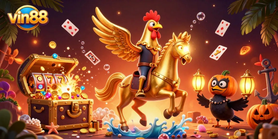Experience the thrill of vin88 casino with a dynamic scene featuring a golden rooster and casino elements.