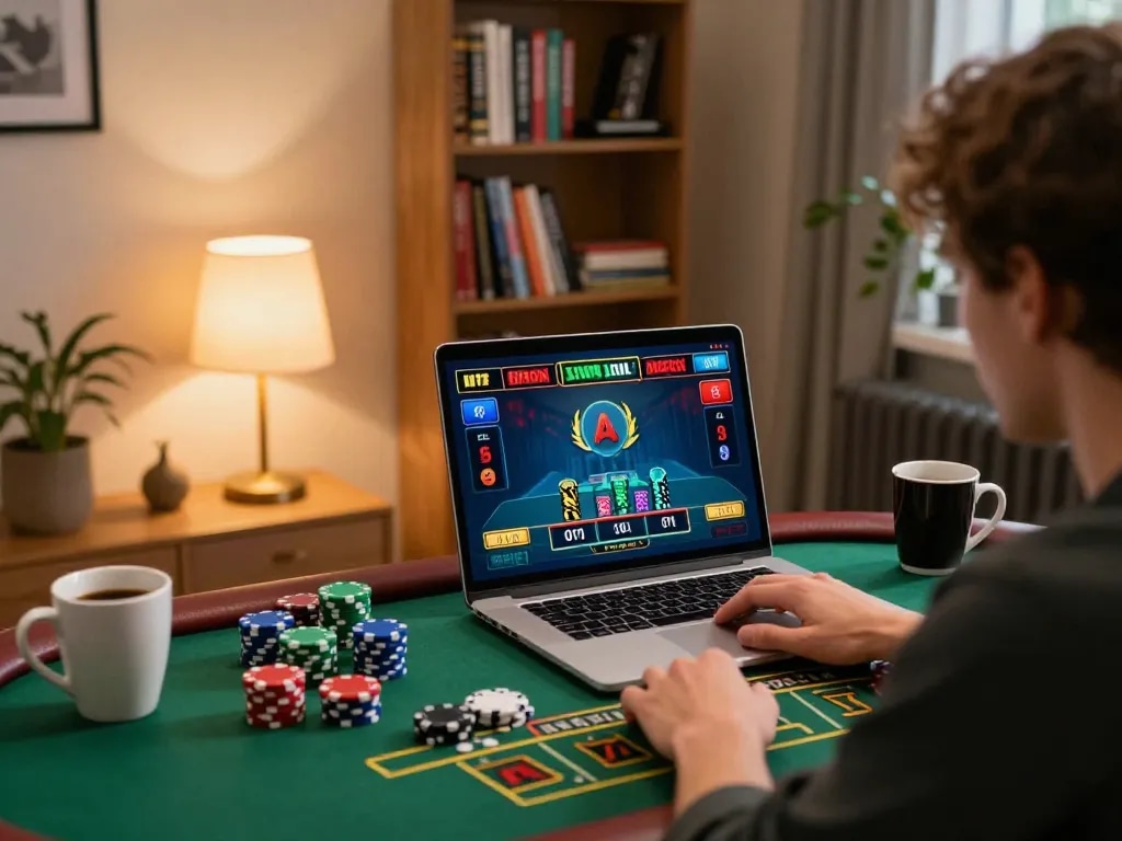 Player engaging with tg88 online casino blackjack game, showcasing exciting home gambling setup