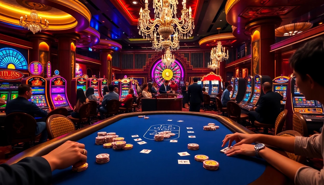 Excited gamblers playing poker and betting at the luxurious Okfun casino.