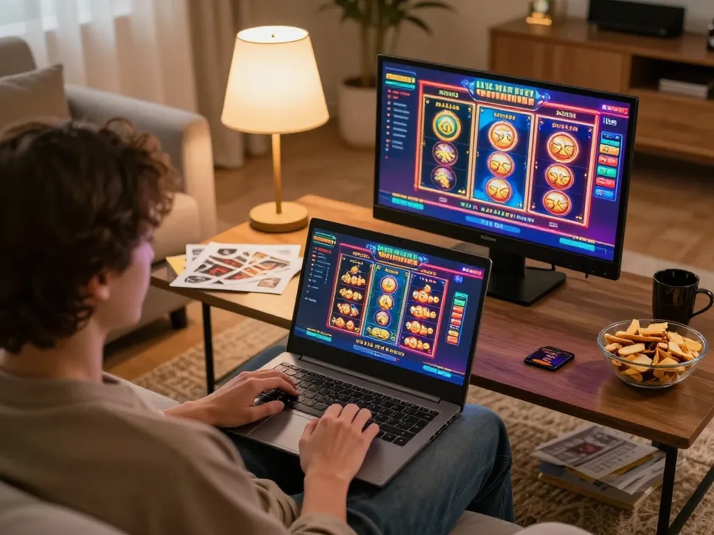 Player enjoying online gaming on DA88 with strategic notes in a cozy home setting.