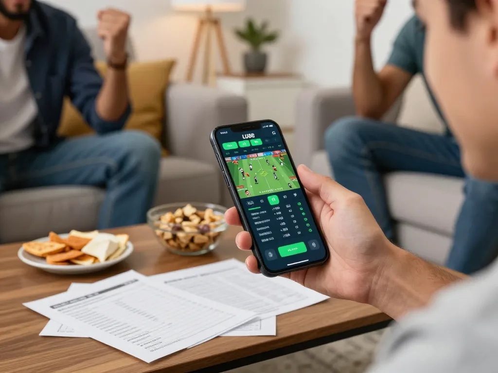 Player using Link mới Lu88 on mobile app for sports betting, dynamic action and focused atmosphere in a cozy home setting.