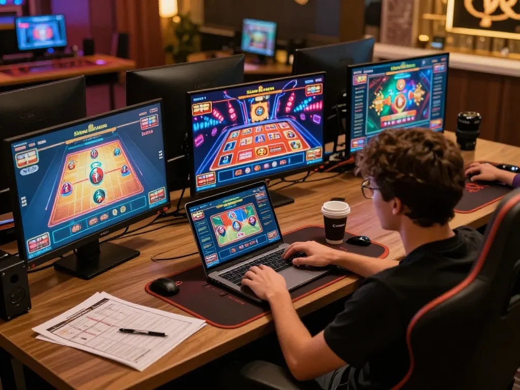 Engaged player strategizing on multiple screens showcasing 8kbet.com casino games in an inviting home environment.