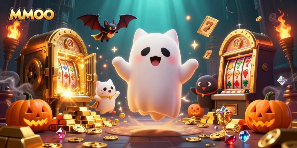 Experience thrilling wins at MMOO Casino with a floating ghost cat and glowing treasures.