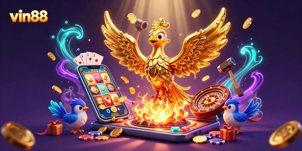 Win big with vin88 as a golden phoenix rises among dazzling slots and casino elements.