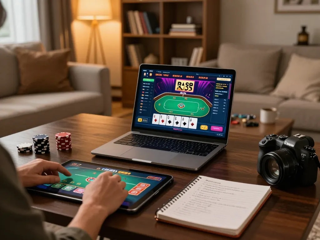 Engaging online poker gaming setup with TT88 strategies displayed on a tablet, showcasing responsible gambling.