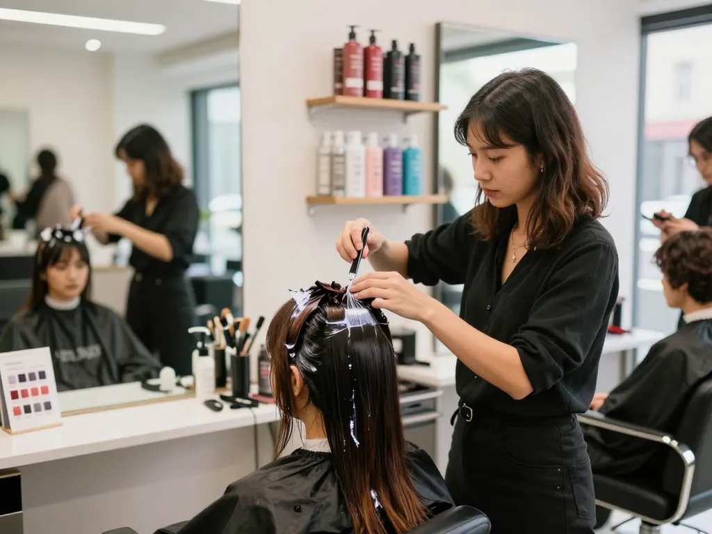 Stijlvolle salon met een kapper die haarverf aanbrengt op het haar van een klant, met levendige kleuren en een professionele omgeving.