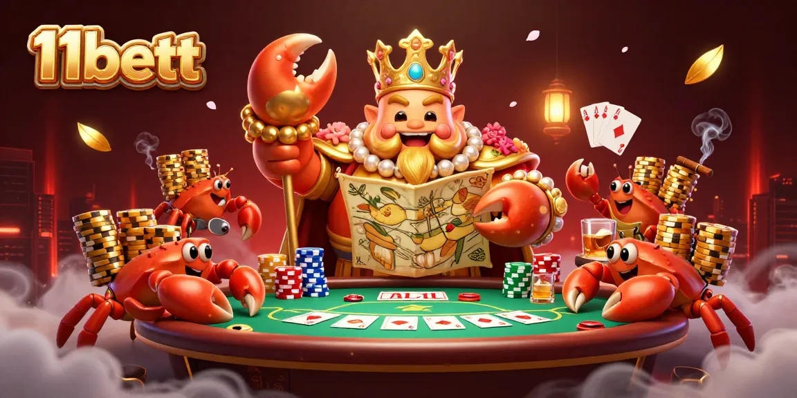 Experience the excitement of 11bett with a golden crab emperor in a vibrant casino scene.