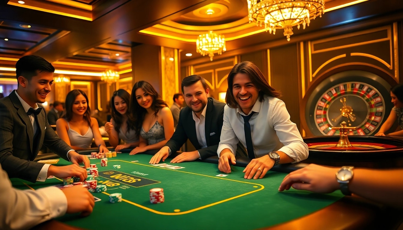 Iwin68 gaming table in a vibrant casino setting with players enjoying poker and roulette.