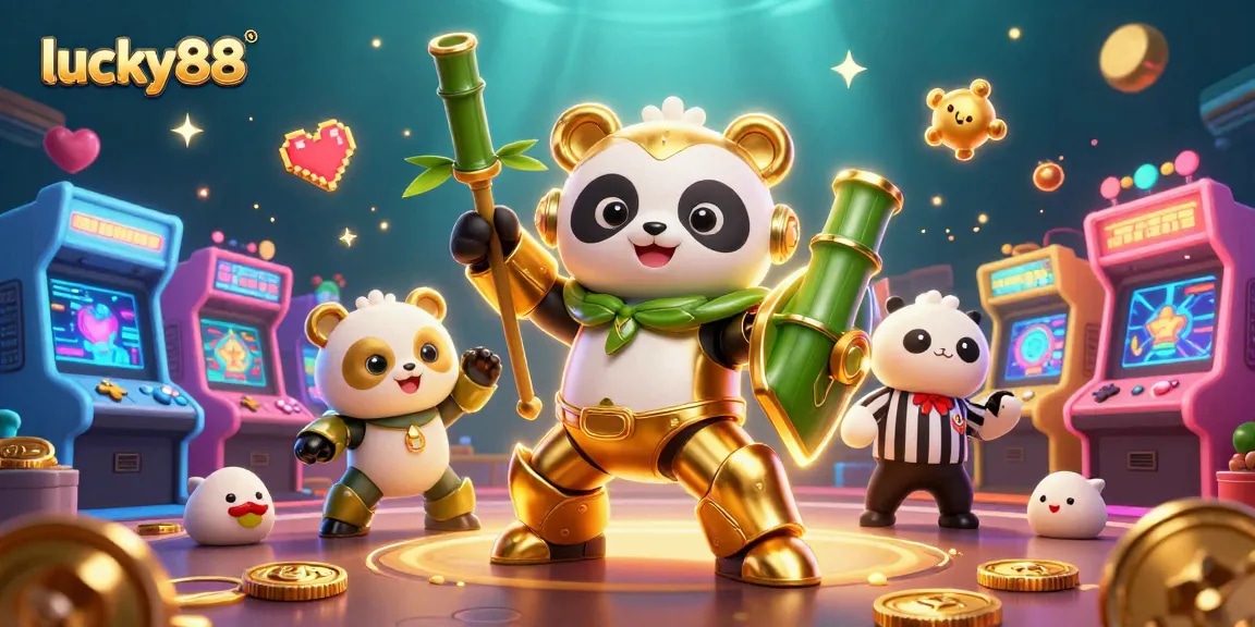 Join the excitement at lucky88 with a vibrant illustration of a mech-suit panda and casino elements.