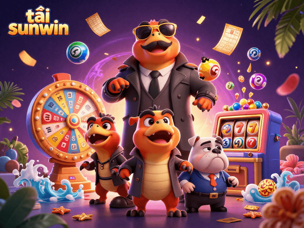 Engage with tải sunwin in this vibrant, dynamic casino scene featuring three raptors in a trench coat.