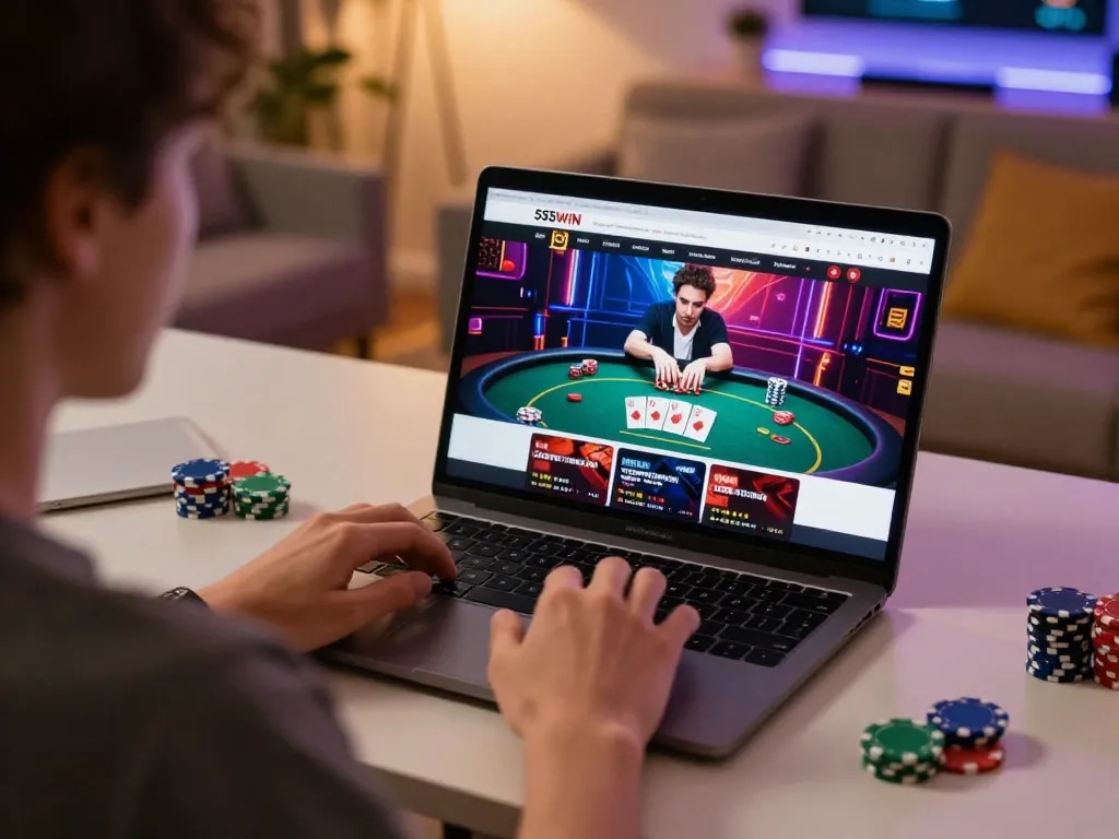Experience thrilling online gaming at https://casino555win.com/ with a player engaged in poker action