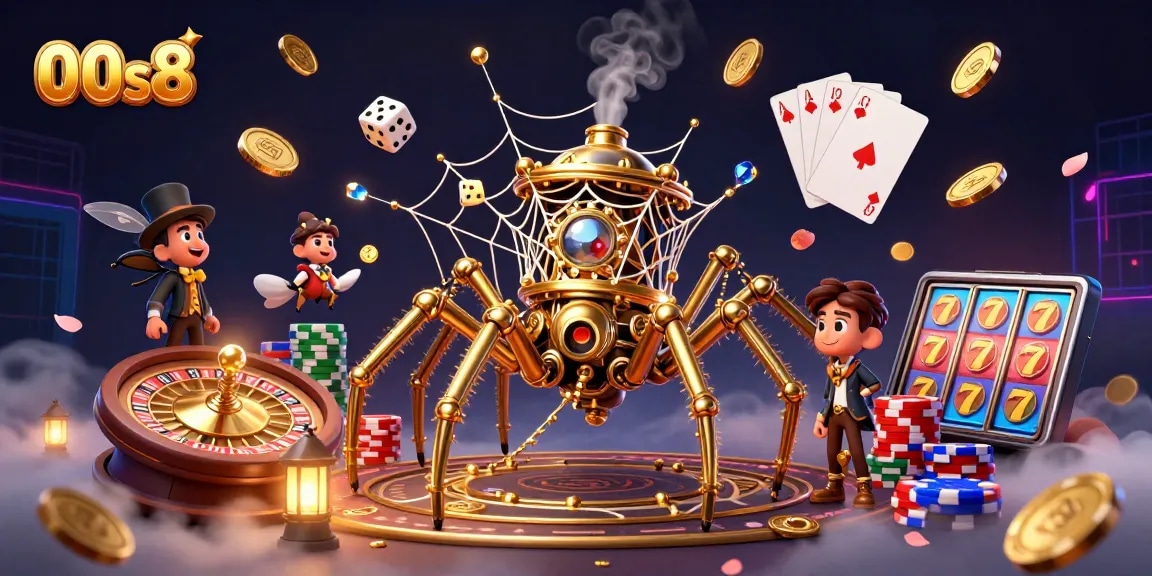 Engage with 00s8's thrilling atmosphere, featuring a steampunk spider and poker elements.
