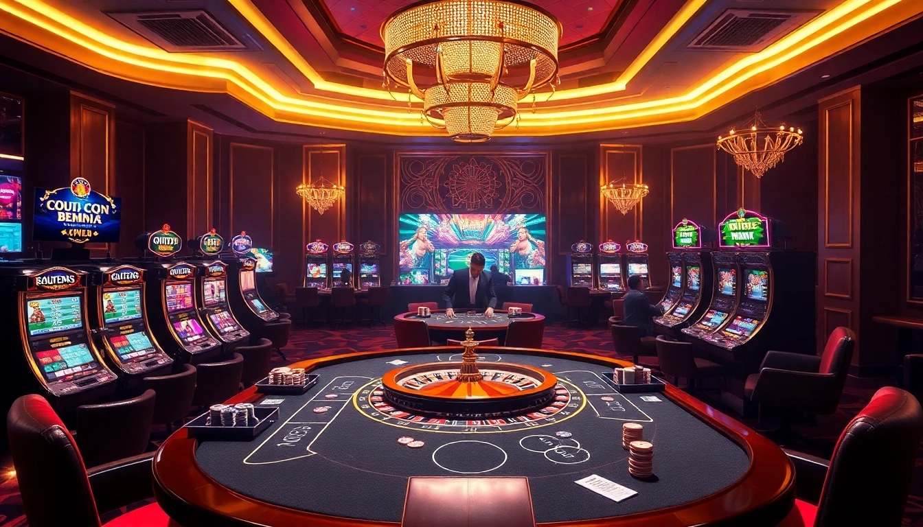 Experience the thrill of Nhà cái vb88 with vibrant casino scenes, featuring poker tables and glowing slot machines.
