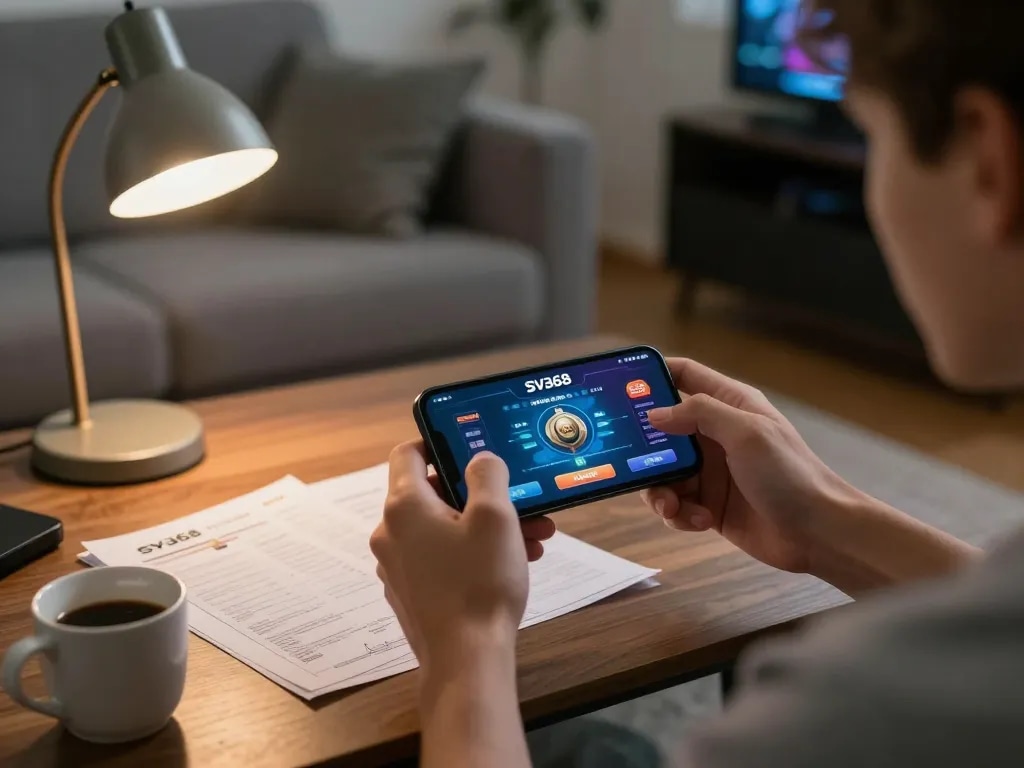 Person using SV368 app for mobile casino gaming in a cozy living room setting.