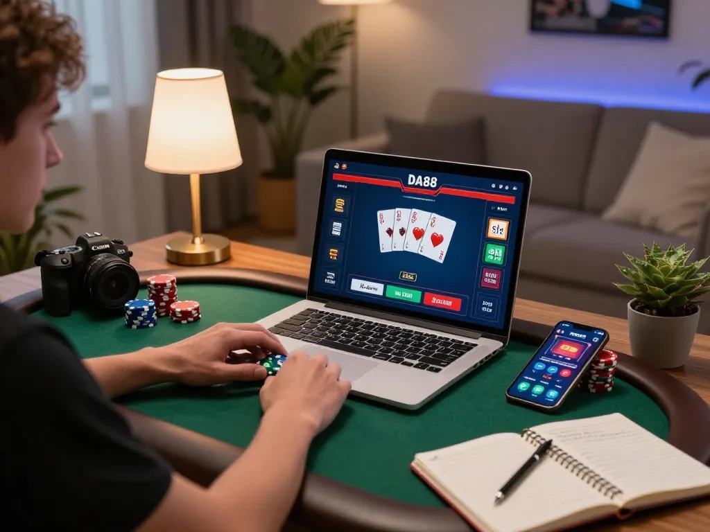 Player engaging in an exciting online DA88 poker game at home with strategies on a notebook.