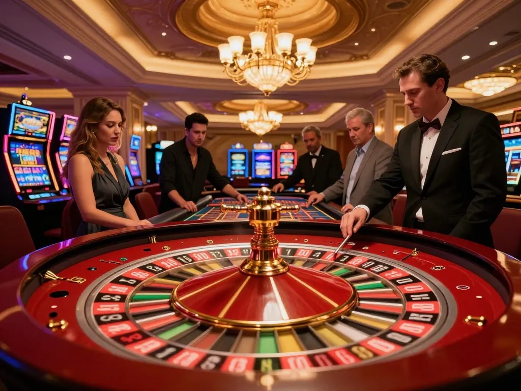 Engaged players at a roulette table in a luxurious casino setting, focusing on lode88 com gaming strategies.