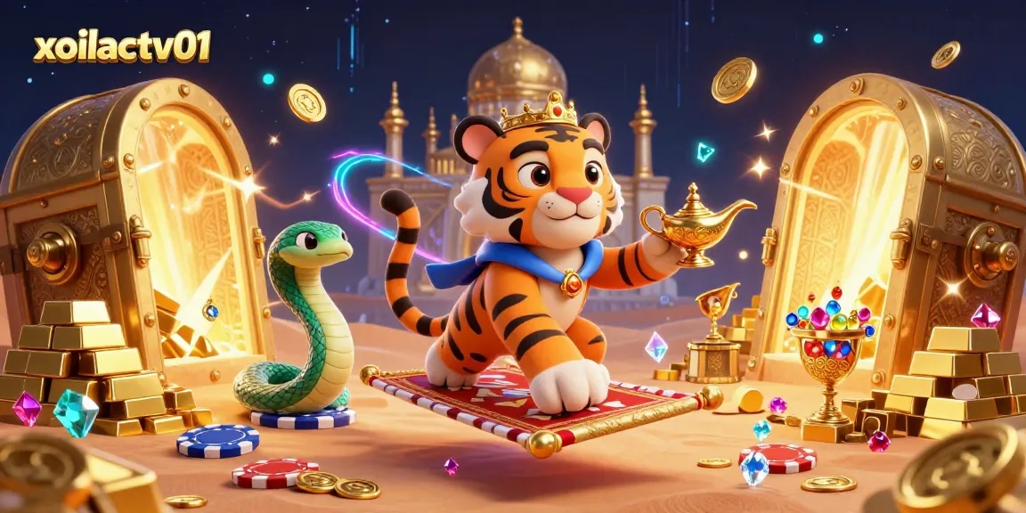 Experience dynamic sports betting action with xoilactv01 featuring a tiger sultan on a carpet of poker chips amid treasure.