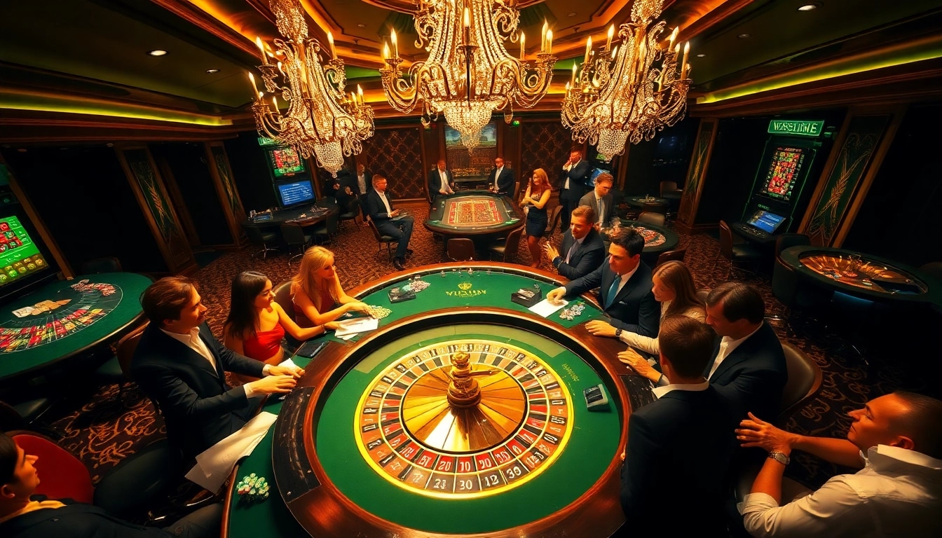 Engaging VIPwin casino scene with players at a roulette table, showcasing excitement and luxury.