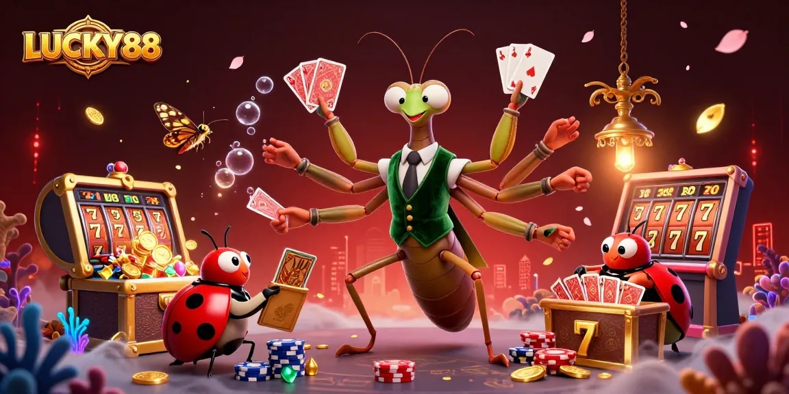 Experience the excitement of LUCKY88 with a dynamic casino scene featuring vibrant characters and gaming elements.