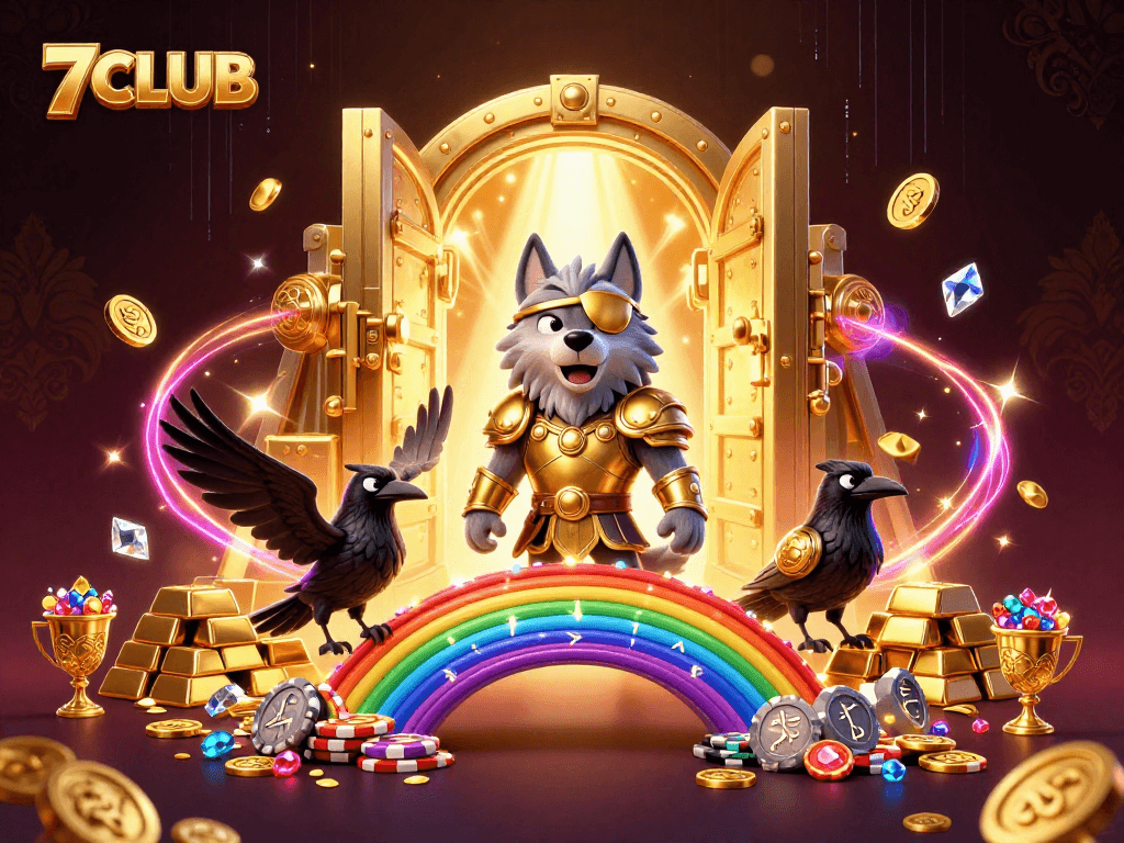 Experience thrilling gaming with 7CLUB's vibrant superheroes amidst treasures and casino elements.