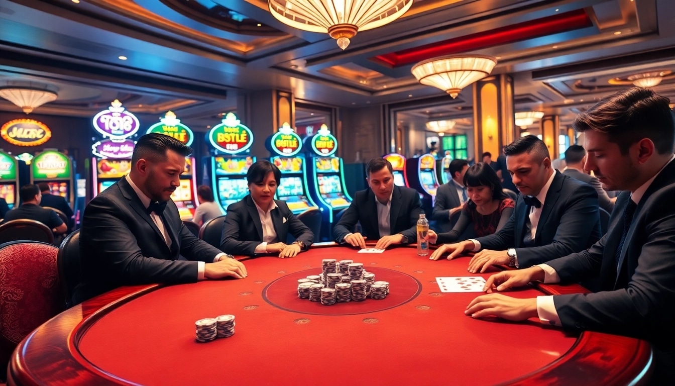 Engaged players at a poker table in a luxurious casino setting promoting https://89bet.green/ with vibrant slot machines.