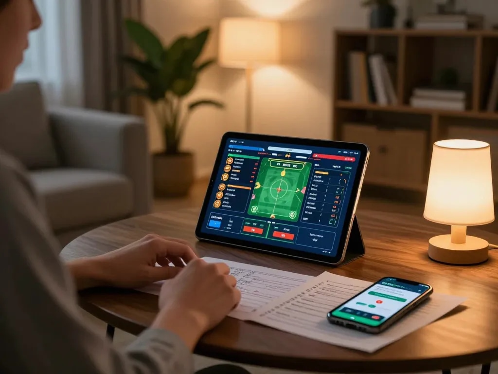 Person using the debet app for sports betting in a cozy, modern living room.
