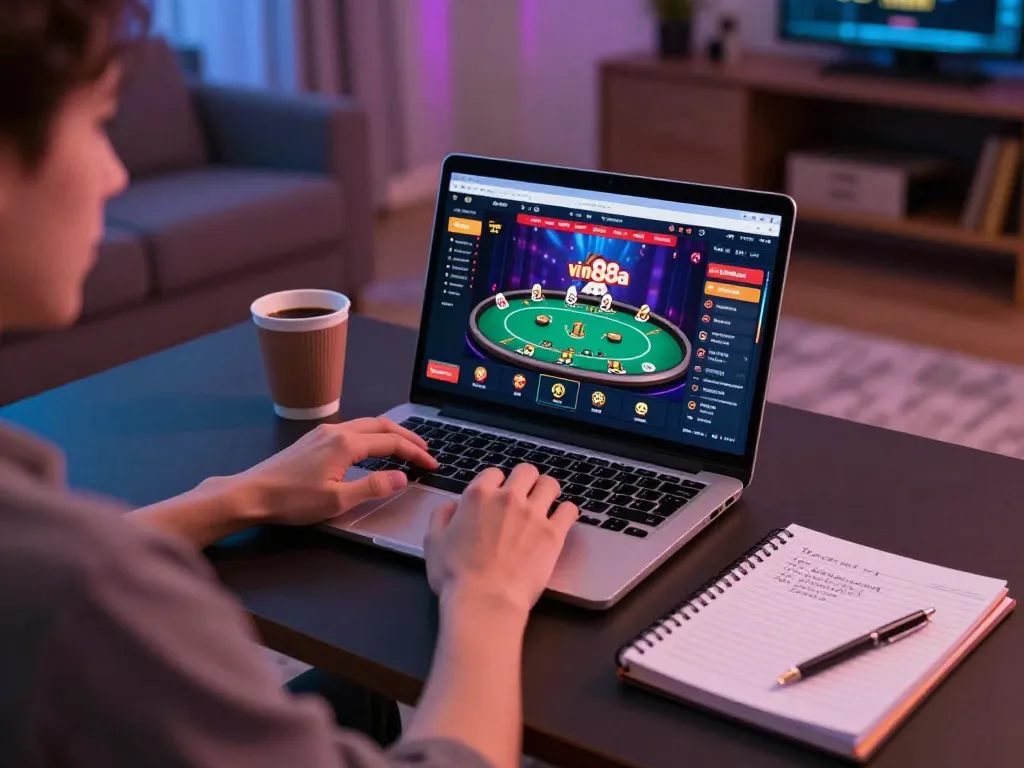 Engaged user playing on vin88a online casino with strategic notes and laptop setup