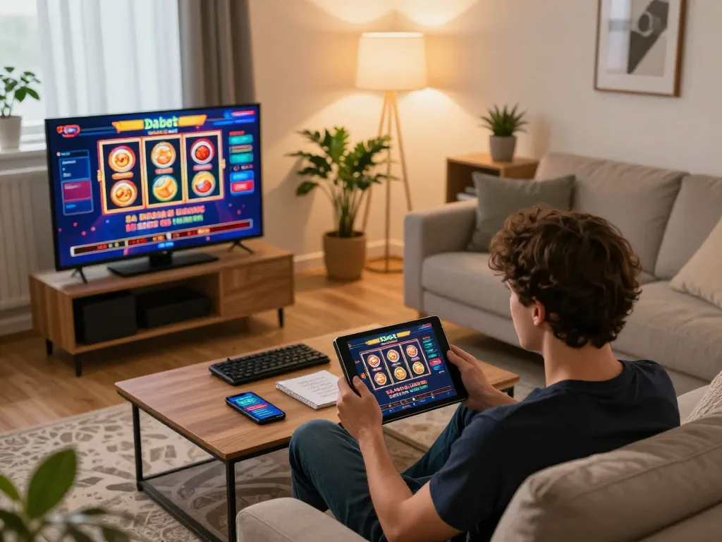 Dabet player enjoying a thrilling online gaming session on tablet, showcasing engaging casino graphics.