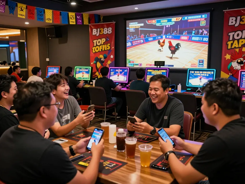 Exciting online betting experience at https://bj388.my with players engaged in live cockfighting events.