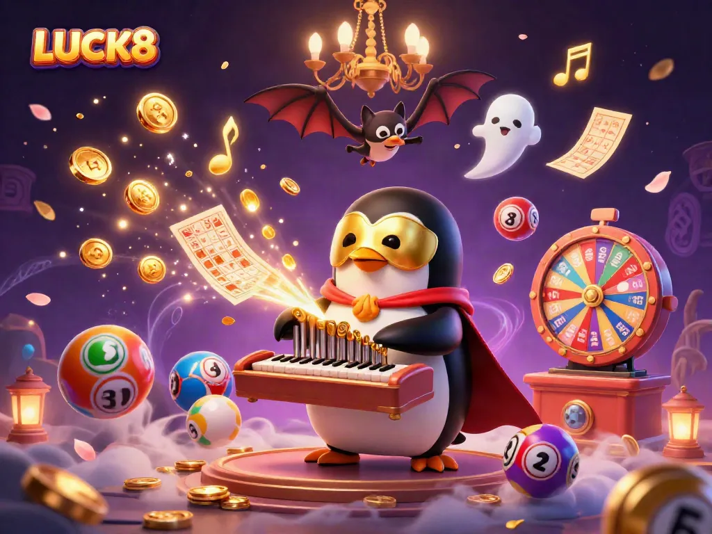 LUCK8 delights players with a vibrant casino scene featuring a penguin organist and dynamic gambling elements.
