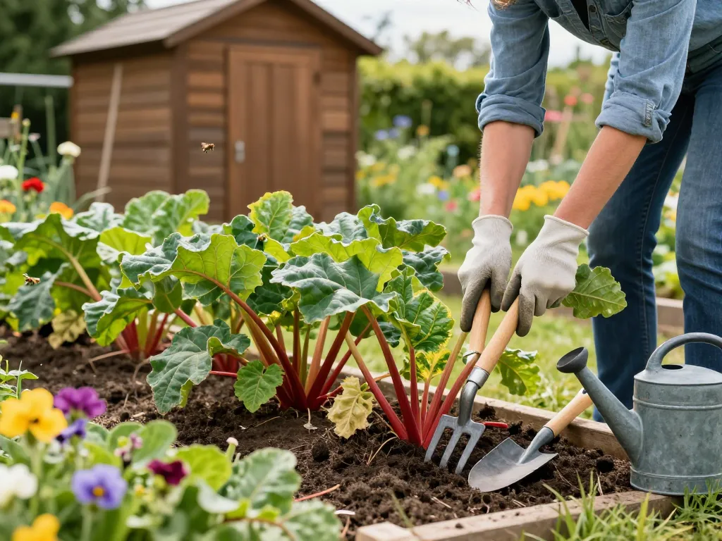 Rabarber stekken kopen in a vibrant home garden with a gardener tending the plants.