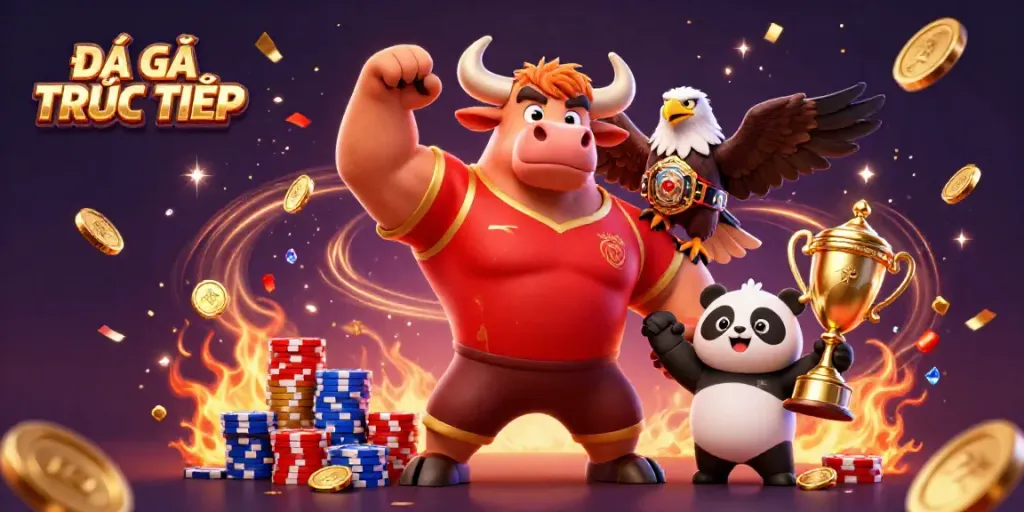 Engage in ĐÁ GÀ TRỰC TIẾP action with vibrant 3D characters celebrating a victorious match.