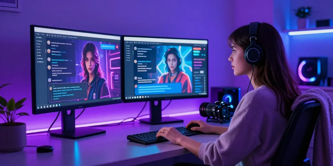 Engaging woman interacting with an AI NSFW chat application in a vibrant digital workspace.