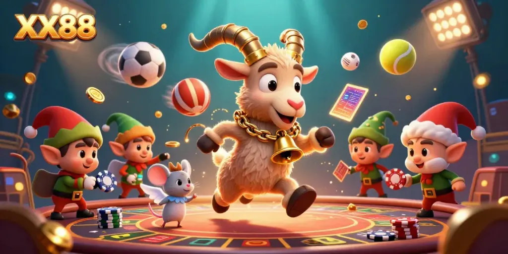 Experience the festive thrill of XX88 with Krampus and angelic characters in a vibrant casino setting.