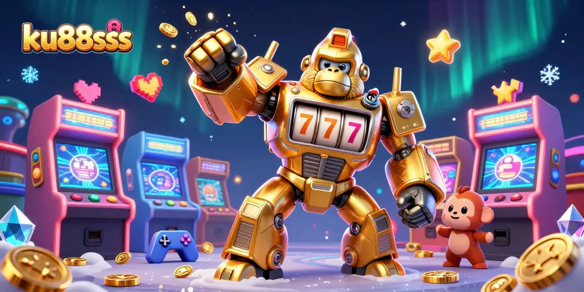 Experience the excitement of ku88sss with a dynamic 3D illustration of a gorilla mech, bringing arcade and casino gaming together.