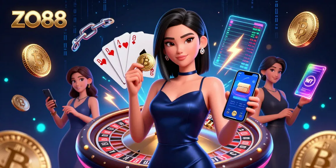 Experience thrilling gaming at ZO88, showcasing a confident Asian woman amidst vibrant casino elements.