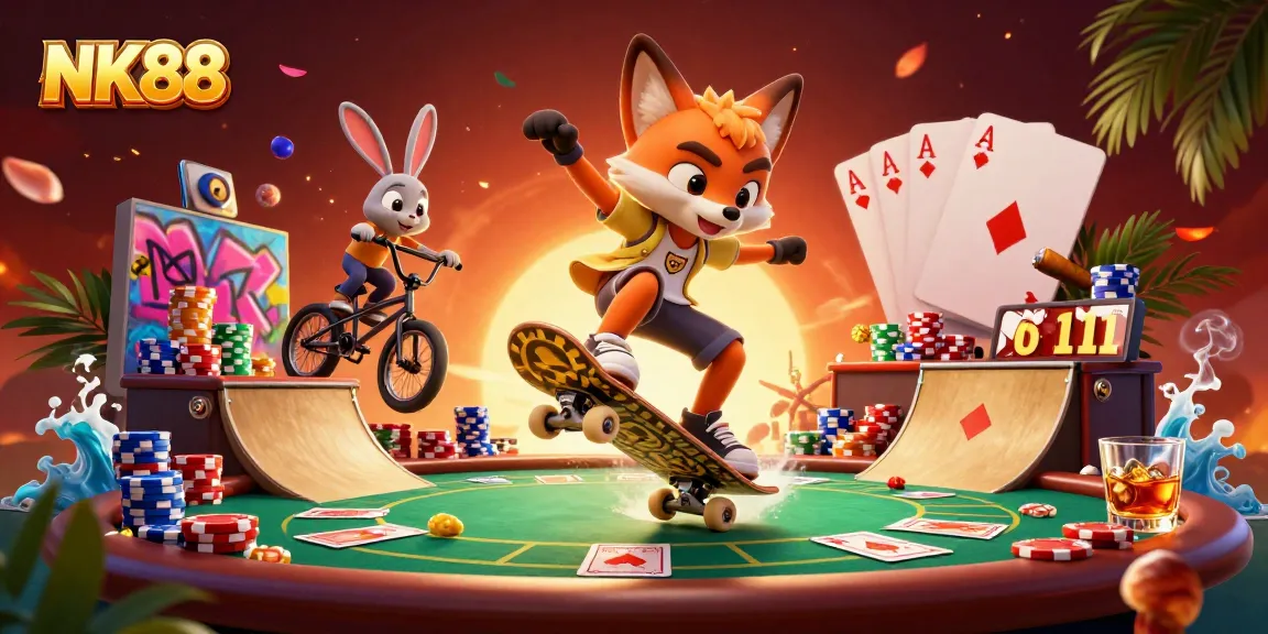 Experience NK88 with dynamic characters in an exciting casino showcase full of gaming elements.
