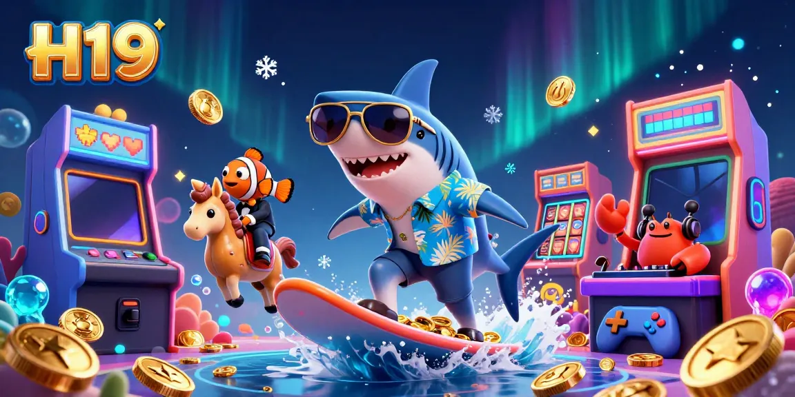 Engage with H19's exciting online gambling features amidst a vibrant, animated casino scene.
