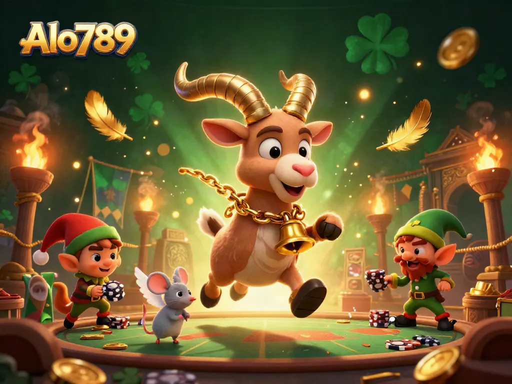Alo789 casino scene featuring Krampus goat managing chaos with elf gremlins stealing chips and an angel mouse.