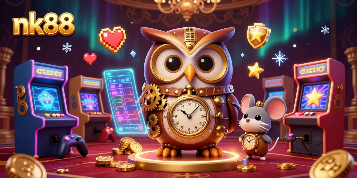 Experience thrilling gameplay with nk88's cartoon owl and casino elements in a vibrant illustration.