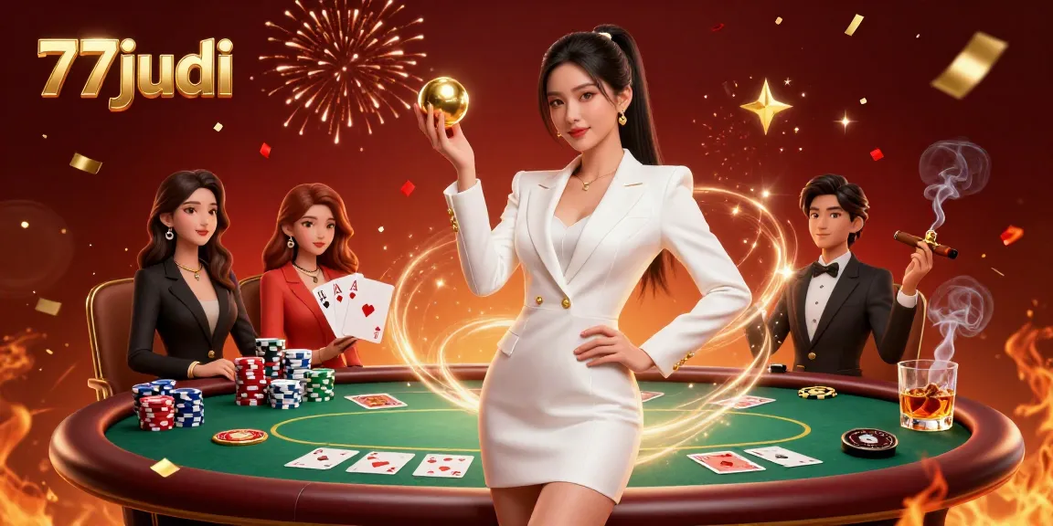 Experience the thrill of 77judi casino games with a stunning Asian woman holding a roulette ball.