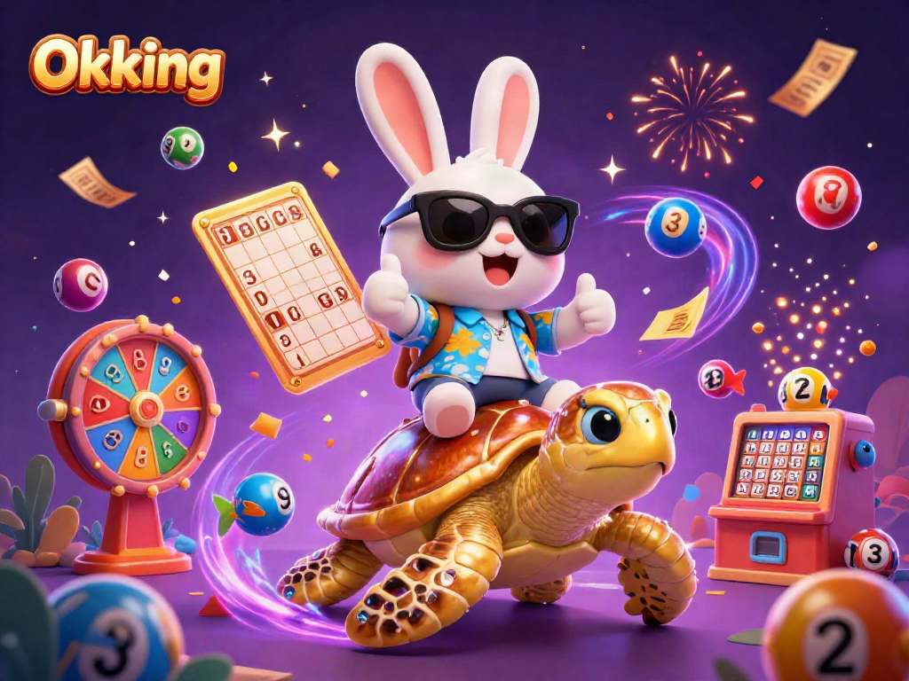 Engage with the vibrant world of Okking featuring a lucky rabbit and golden turtle in a dynamic casino setting.