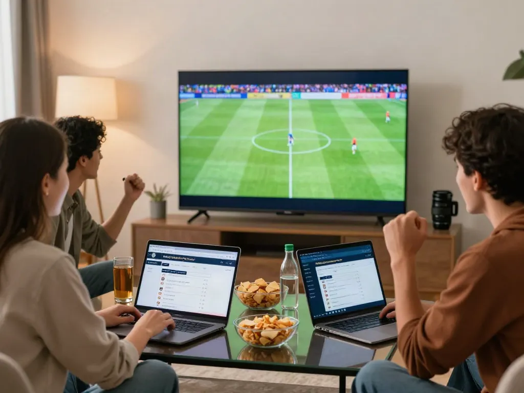Exciting sports betting moment with friends using https://fabet.com.mx/ in a cozy living room.