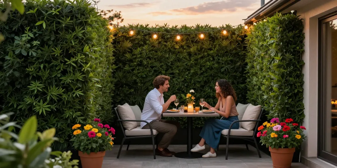 Stijlvol buiten terras met Kunsthagen dat een serene ambiance creëert.