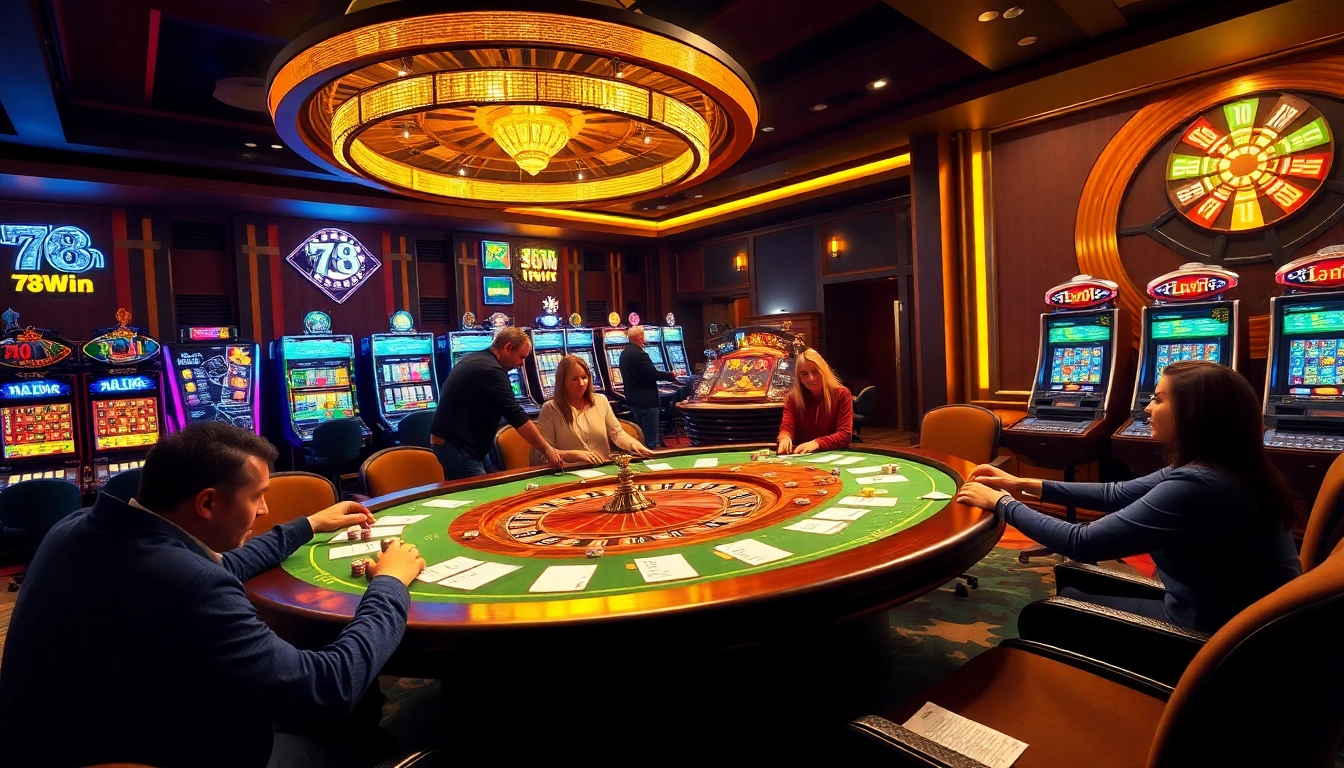 Players enjoying poker at 78Win casino, surrounded by vibrant slot machines and roulette excitement.