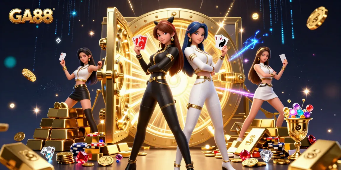 Experience the thrilling world of GA88 as twin Asian women embody casino power with playing cards, golden décor, and dynamic energy.