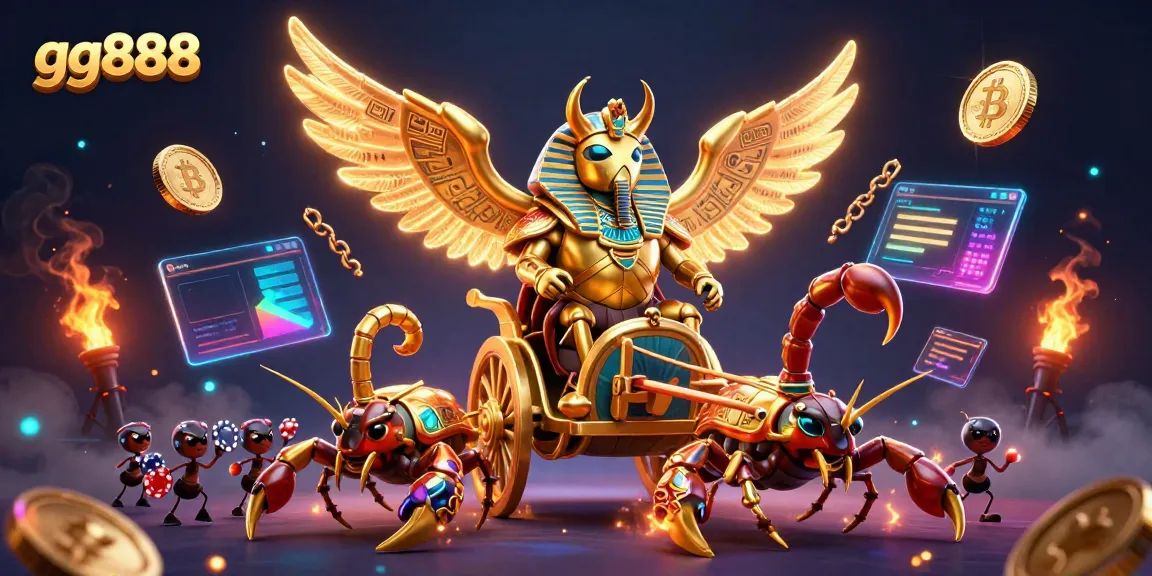 Engage in thrilling gameplay at gg888 with a grand 3D casino scene featuring golden scarab beetle and vibrant crypto elements.