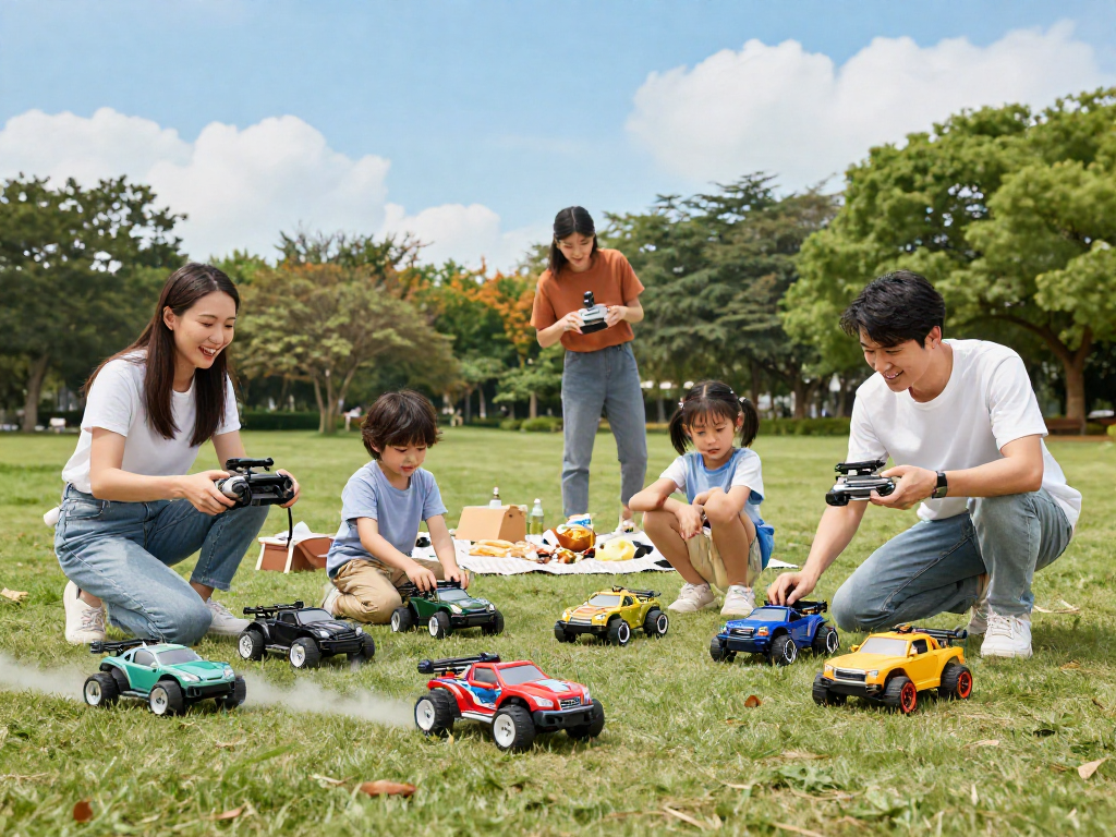Family enjoying remote control cars and trucks in a sunny park, showcasing rokok88 hobby activities.