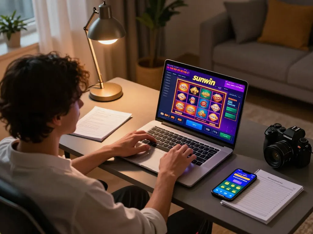 Engaging with sunwin online casino interface on a stylish home setup, highlighting gameplay excitement