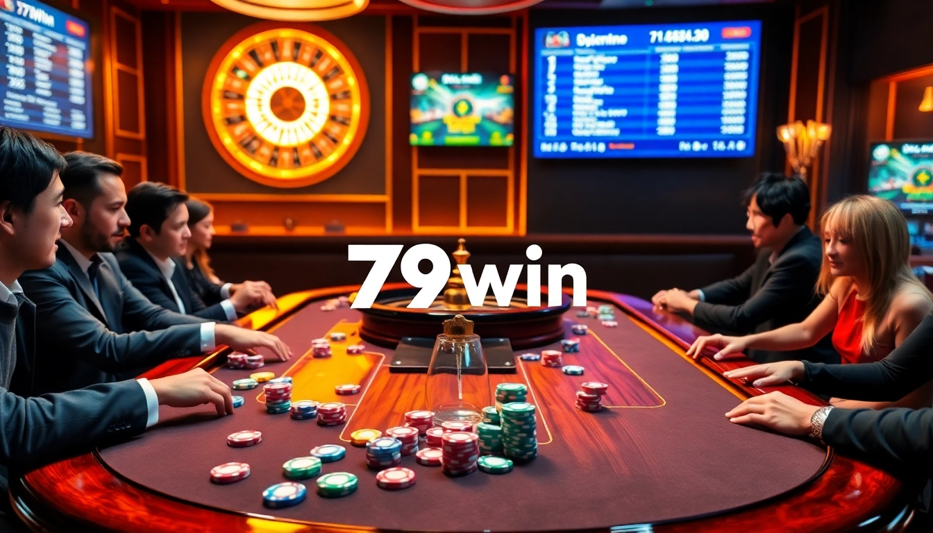 A dynamic casino scene with excited players at the 79win table, featuring poker chips and a roulette wheel.